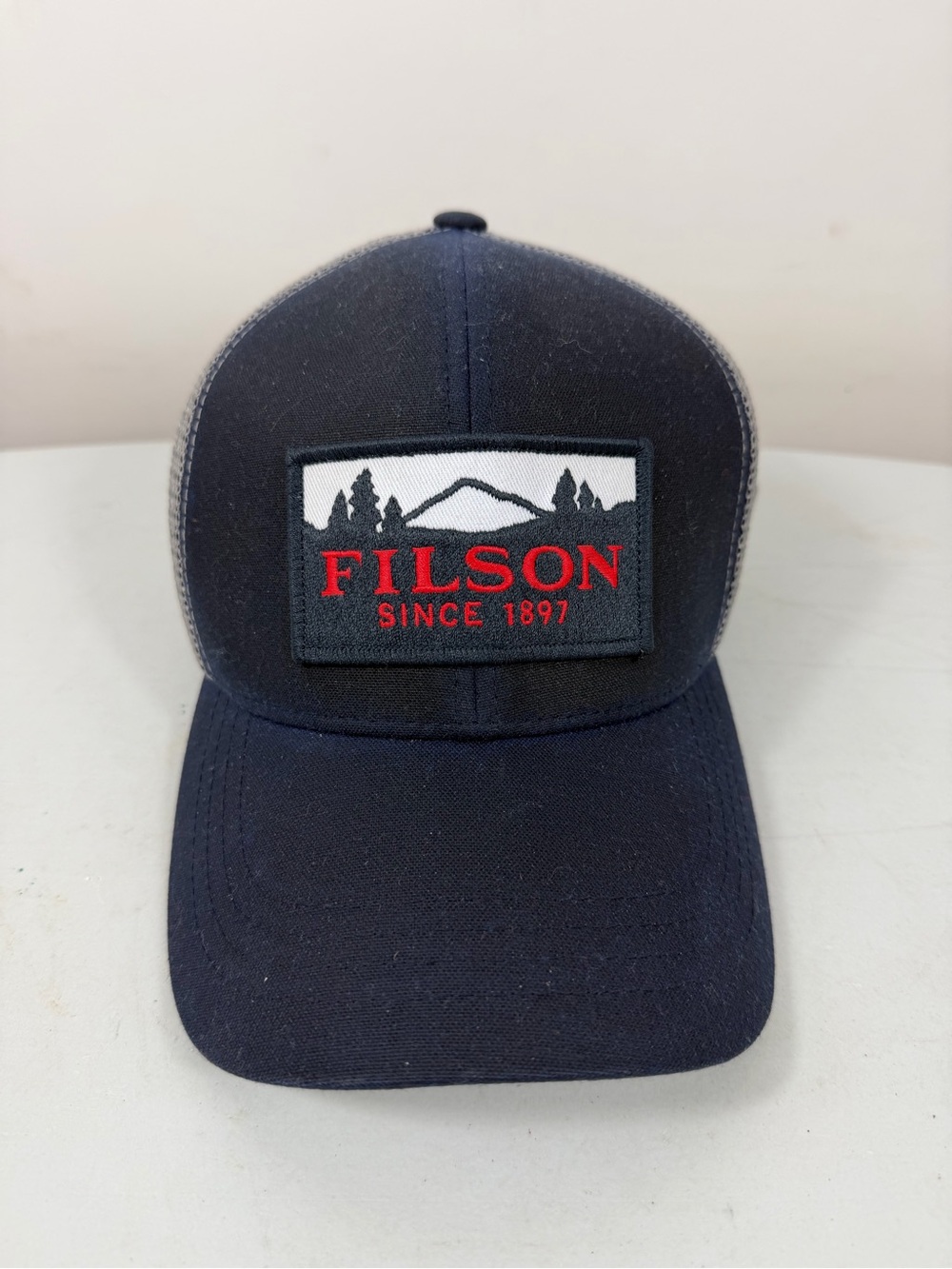 Filson Navy and Red Logo Trucker Hat
